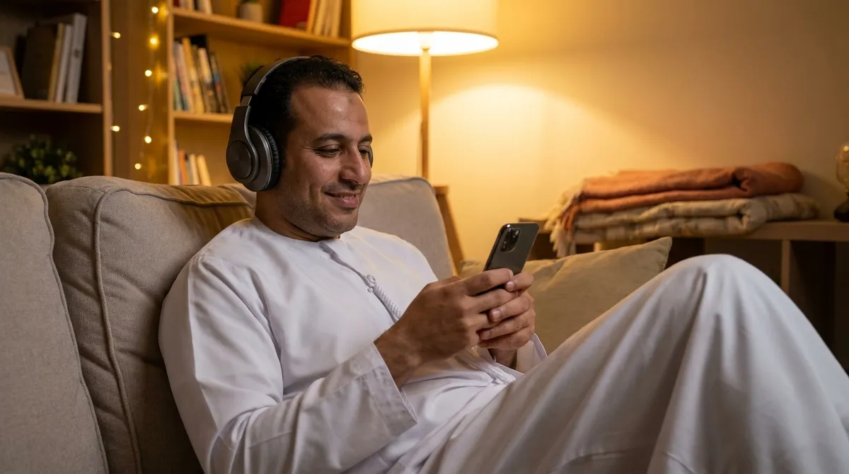 رجل يستخدم سماعات مع جواله في البيت