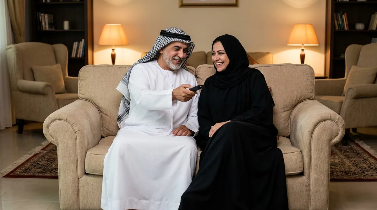 زوجان مرتاحان على الكنبة ومعهم الريموت