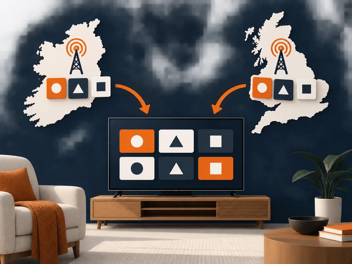 Abstract content shelves grouped by category sit beside a remote and one television.