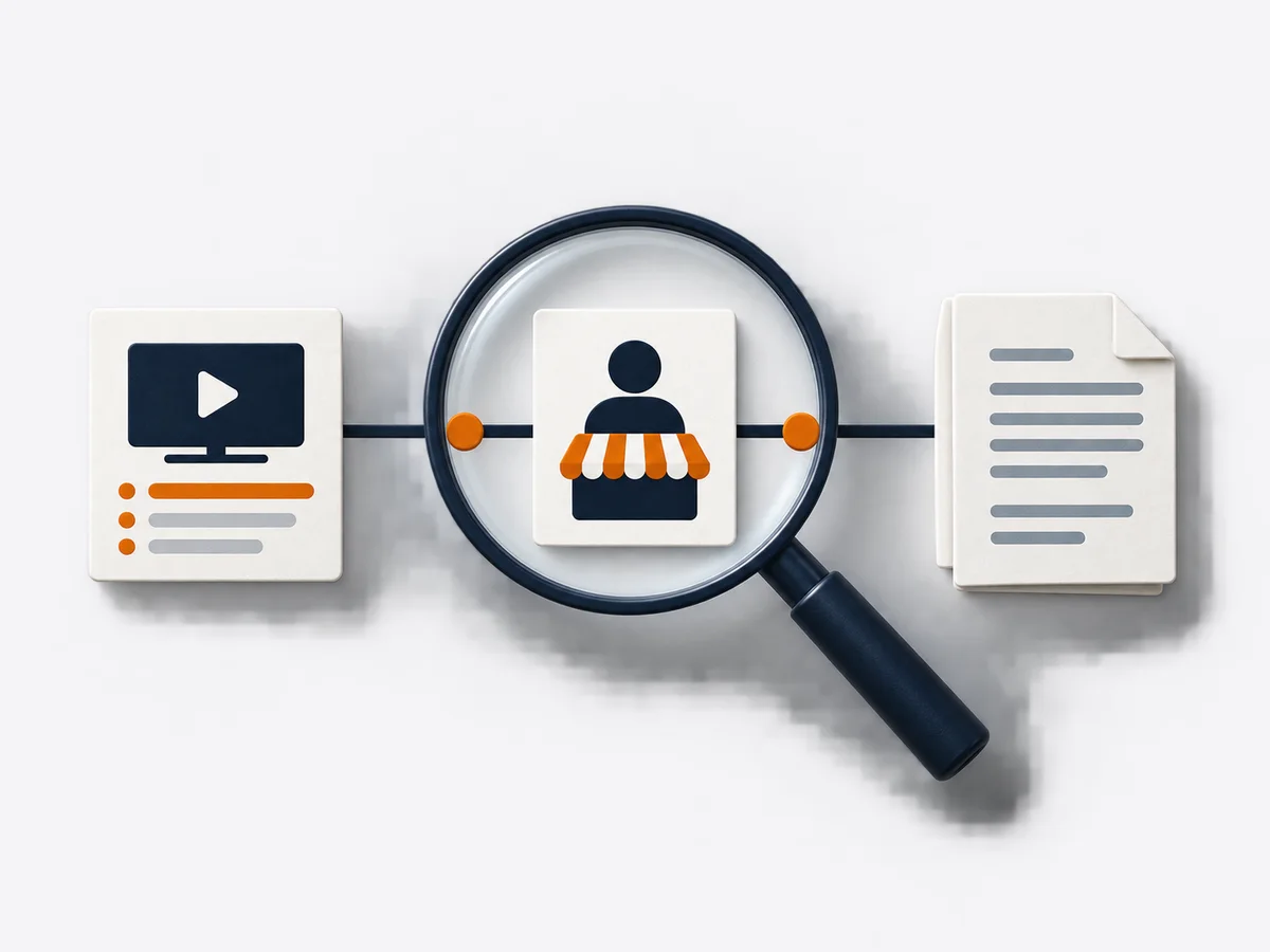 A magnifying glass examines the links between an offer card, seller card and terms document.