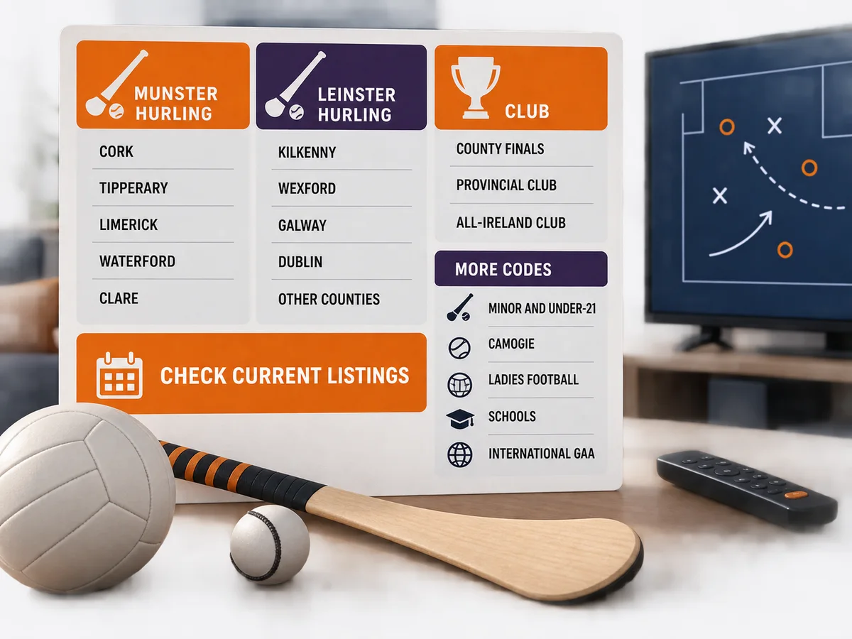 A neutral sports ball, schedule card and television illustrate pre-event viewing checks.