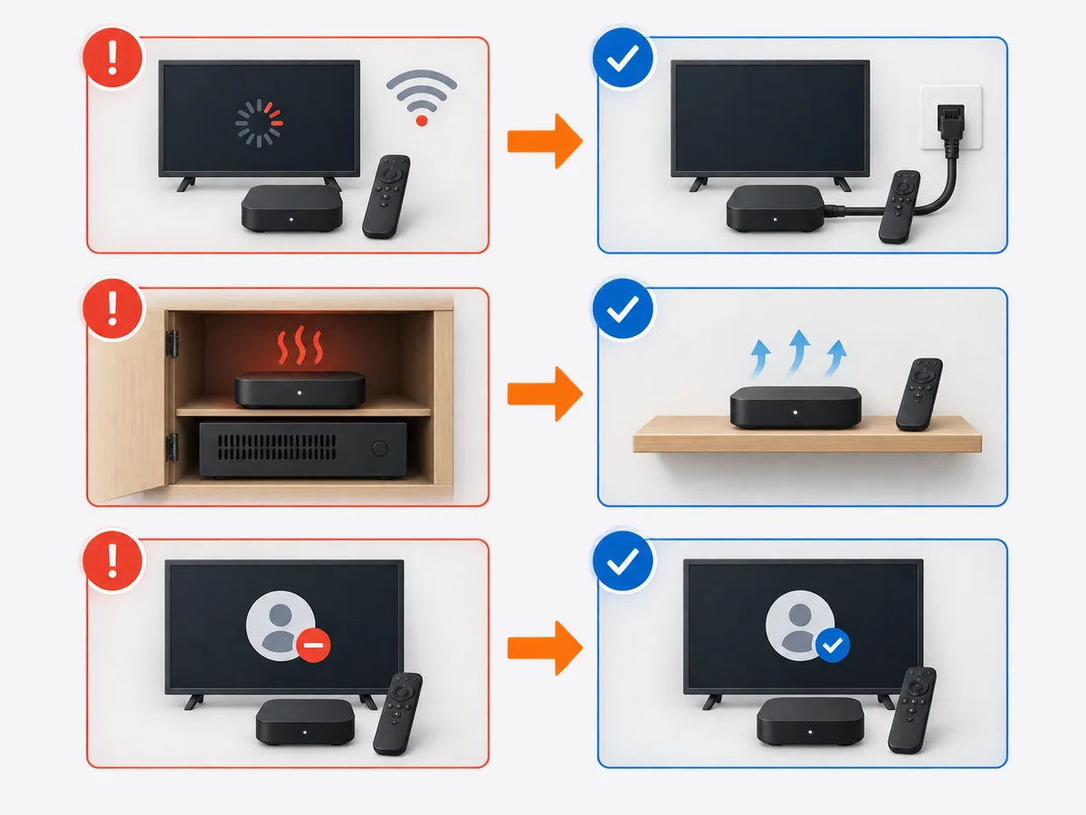 Three blank decision cards are arranged around one central viewing setup.