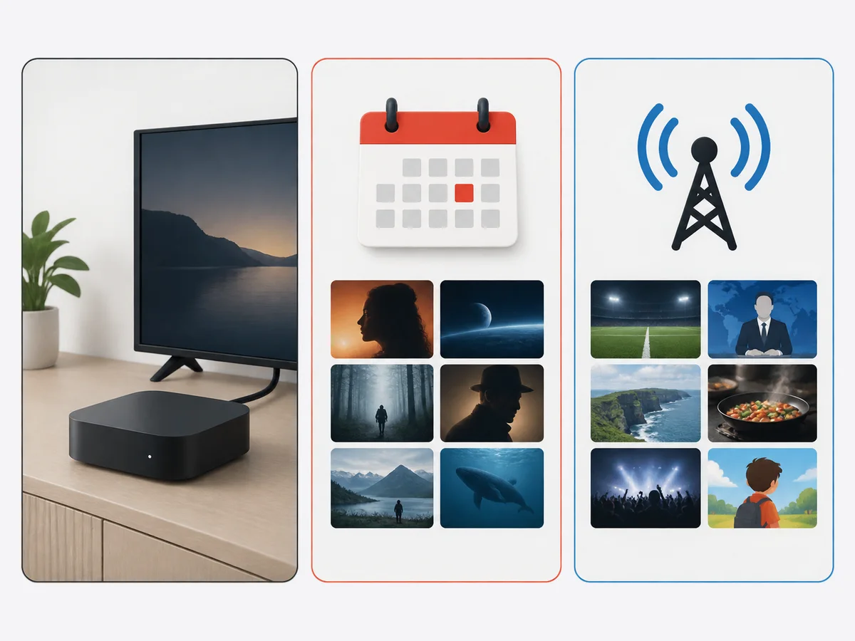 A device, separate login card and playback screen form a simple setup sequence.