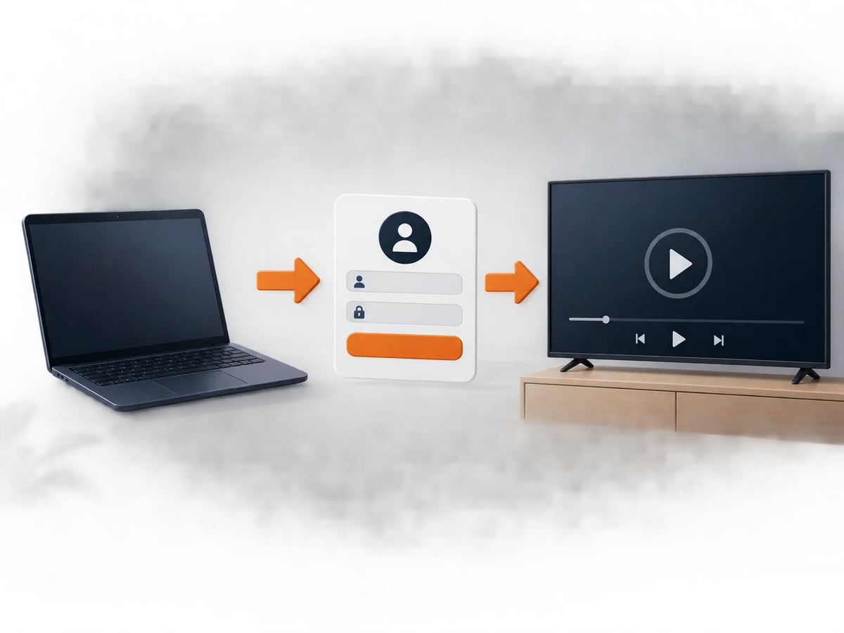 A device, separate login card and playback screen form a simple setup sequence.