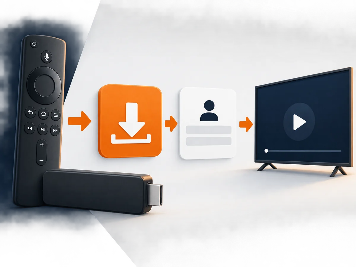 A device, separate login card and playback screen form a simple setup sequence.