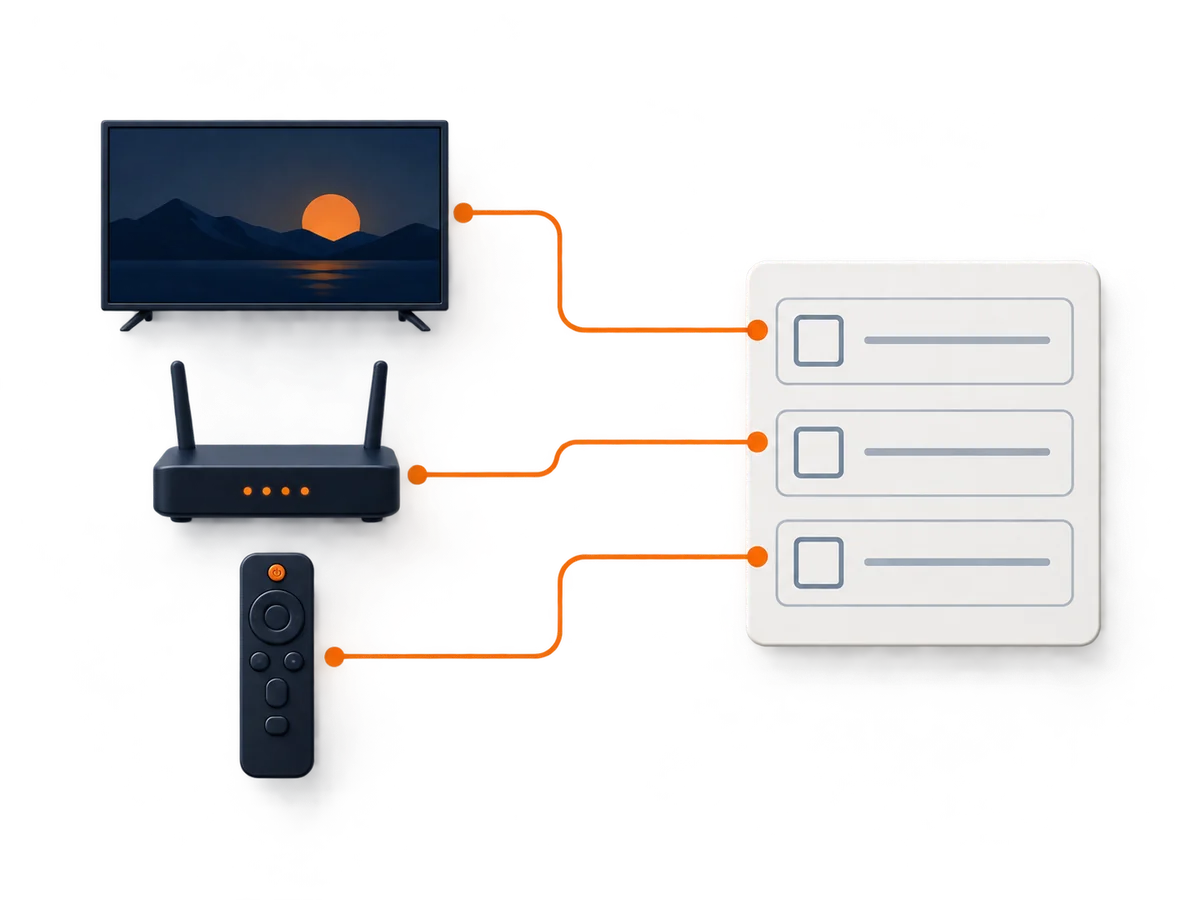 A blank trial checklist connects a television, router and remote for practical testing.