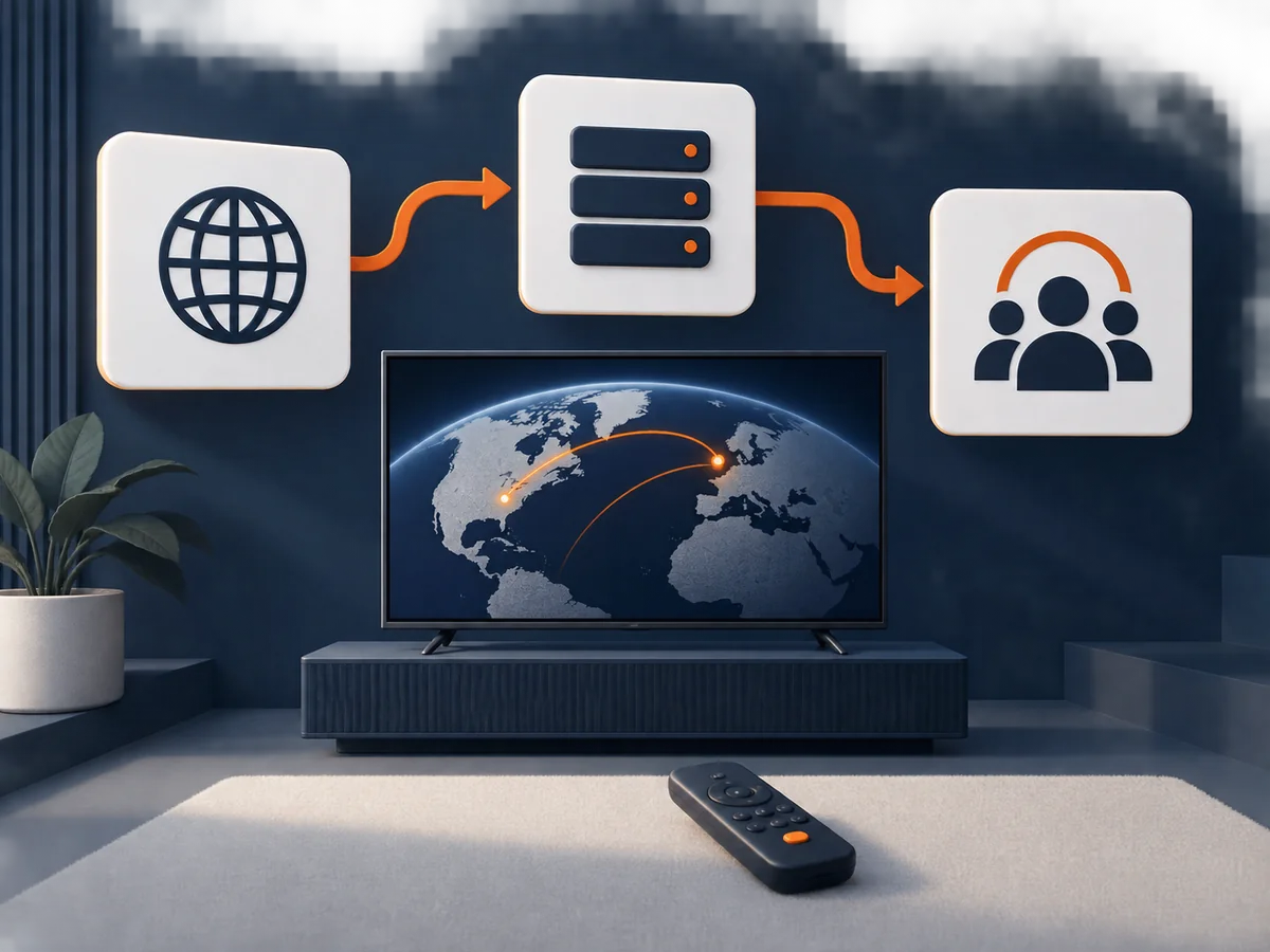 A globe, server and user group show an international service-delivery path to a television.