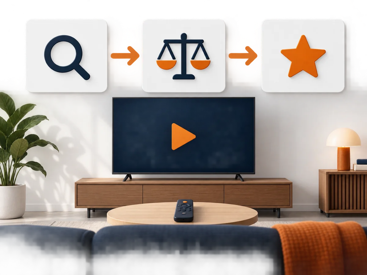 Search, balance and shortlist symbols form a neutral provider-evaluation sequence above a television.