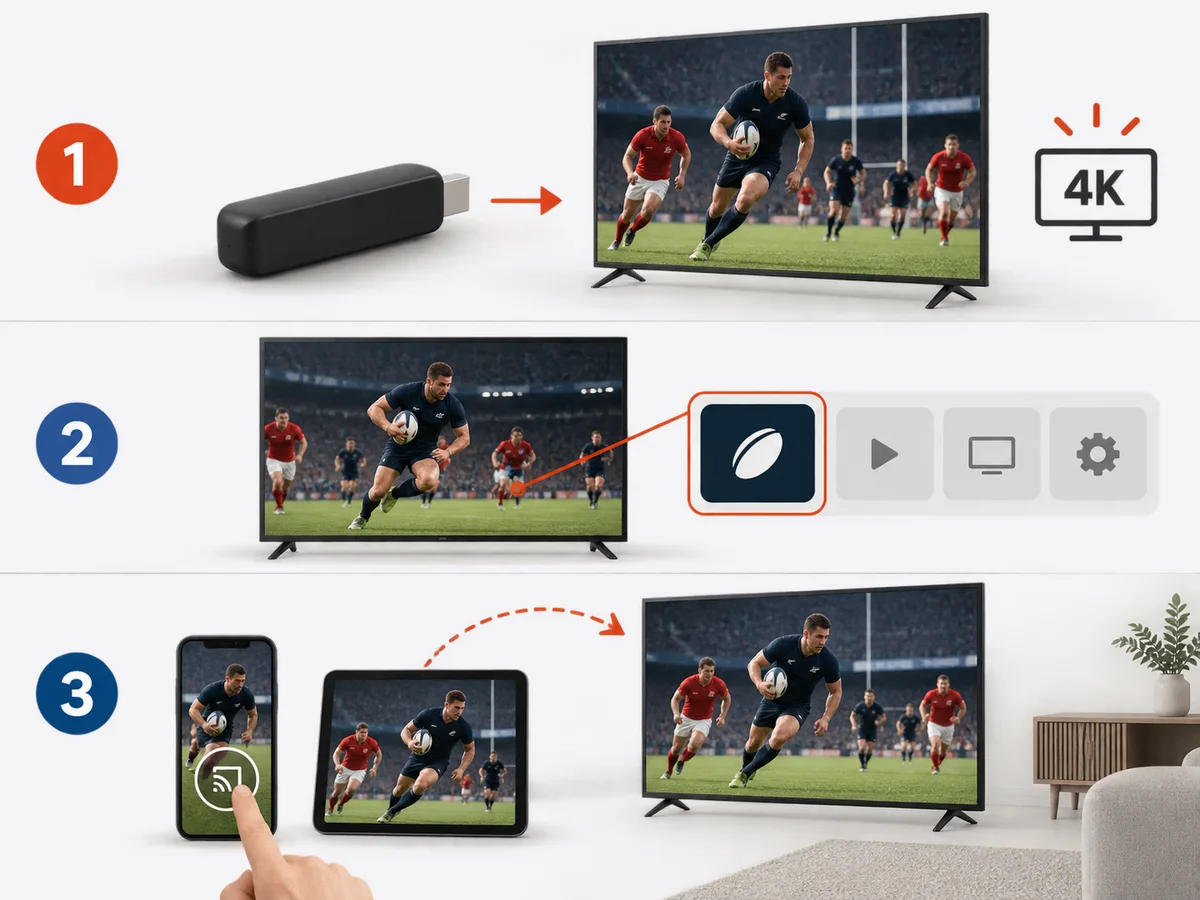 A device, separate login card and playback screen form a simple setup sequence.