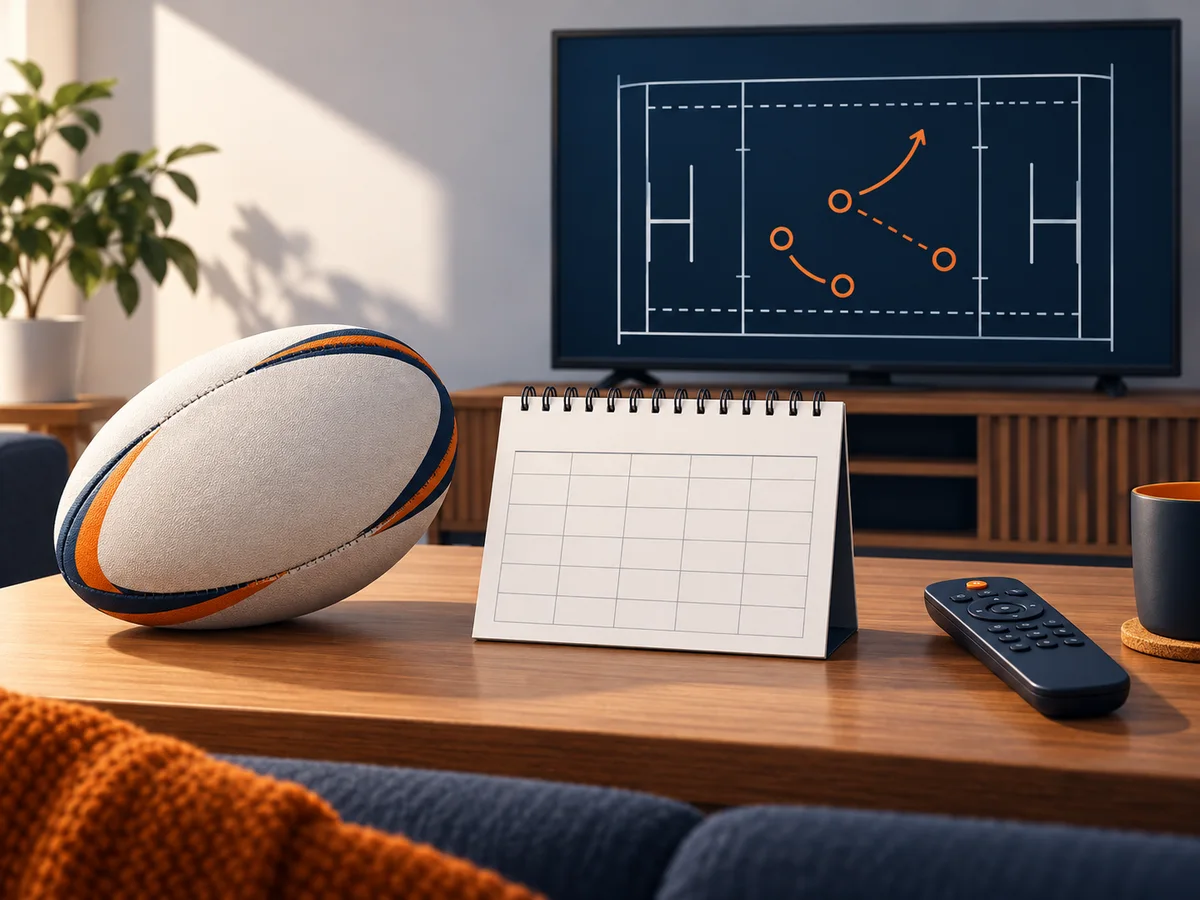 A neutral sports ball, schedule card and television illustrate pre-event viewing checks.