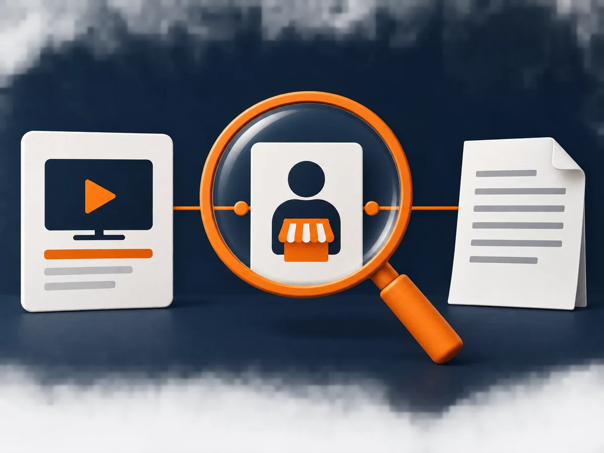 A magnifying glass examines the links between an offer card, seller card and terms document.