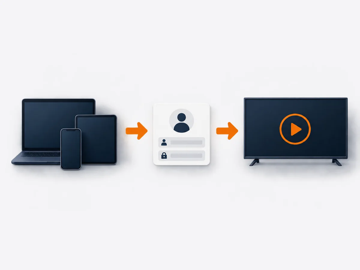 A device, separate login card and playback screen form a simple setup sequence.