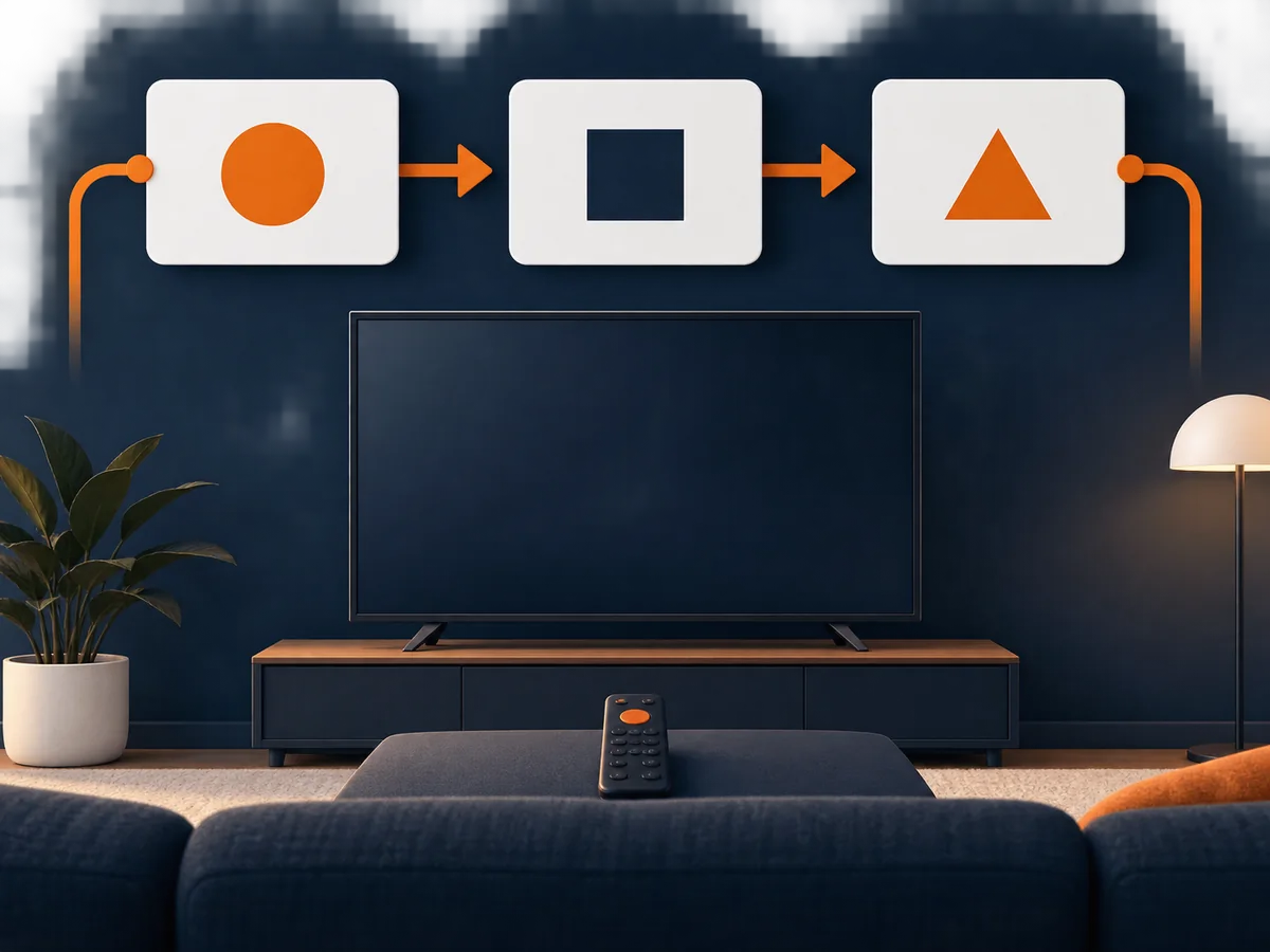 Three blank decision cards are arranged around one central viewing setup.