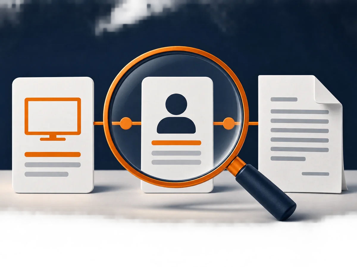 A magnifying glass examines the links between an offer card, seller card and terms document.