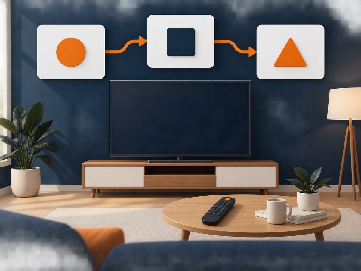 Three blank decision cards are arranged around one central viewing setup.