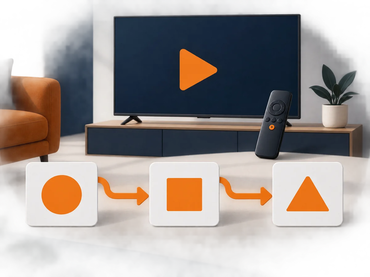 Three blank decision cards are arranged around one central viewing setup.