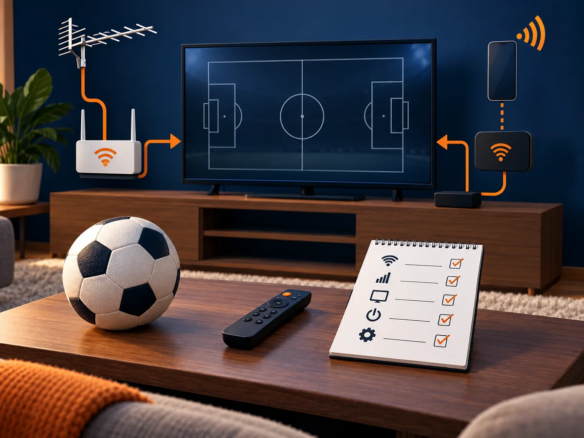 A neutral sports ball, schedule card and television illustrate pre-event viewing checks.