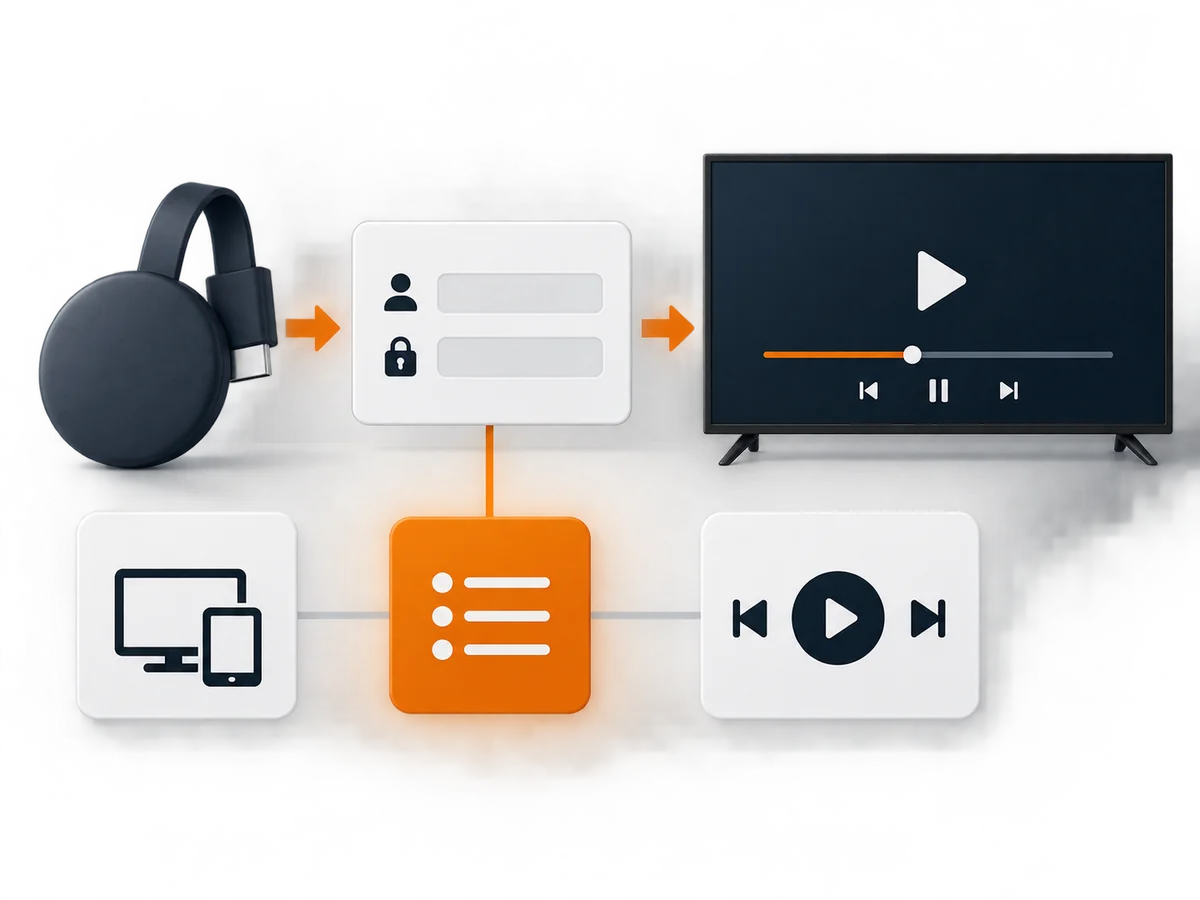 A cast receiver connects through an app criteria card to a television, with compatibility, playlist and playback-control tiles below.