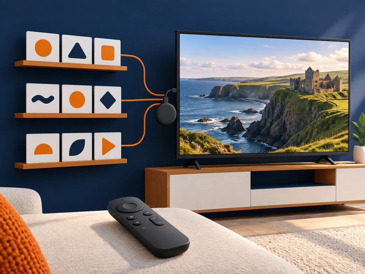 Abstract content shelves grouped by category sit beside a remote and one television.