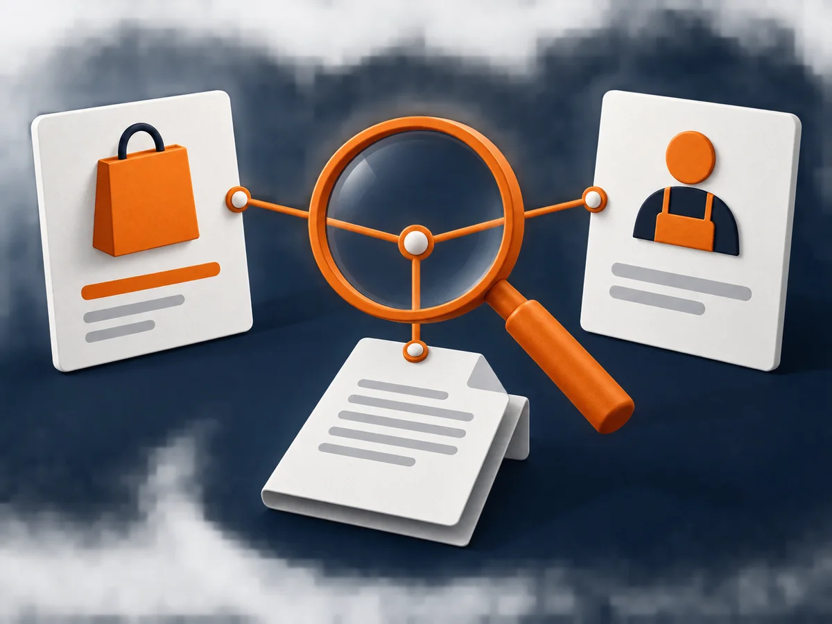 A magnifying glass examines the links between an offer card, seller card and terms document.