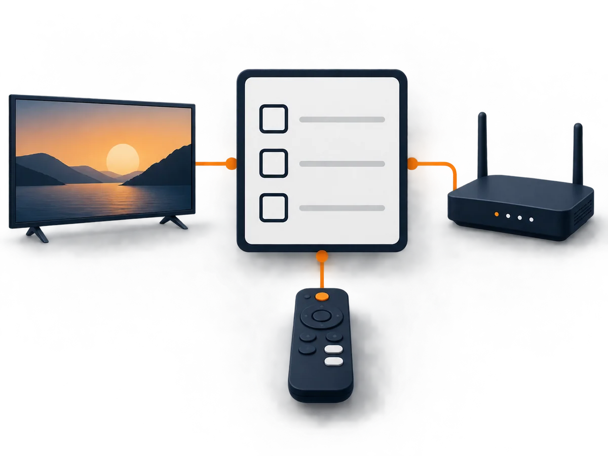 A blank trial checklist connects a television, router and remote for practical testing.