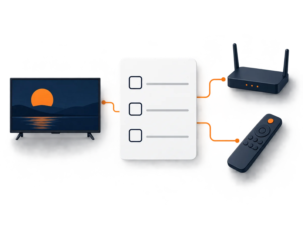 A blank trial checklist connects a television, router and remote for practical testing.