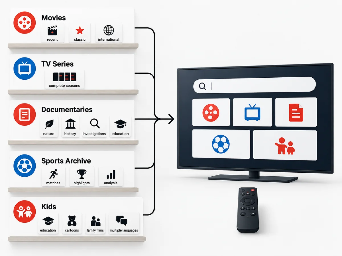 Abstract content shelves grouped by category sit beside a remote and one television.