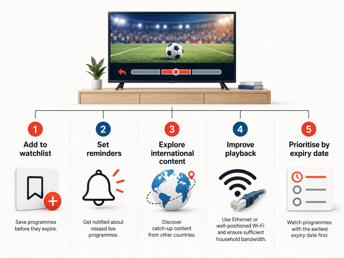 A television and an abstract programme timeline show live, replay and recording positions.