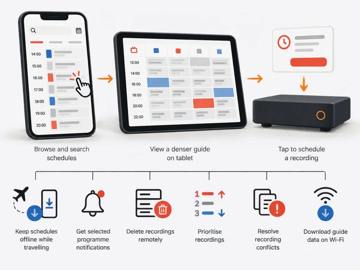 A device, separate login card and playback screen form a simple setup sequence.