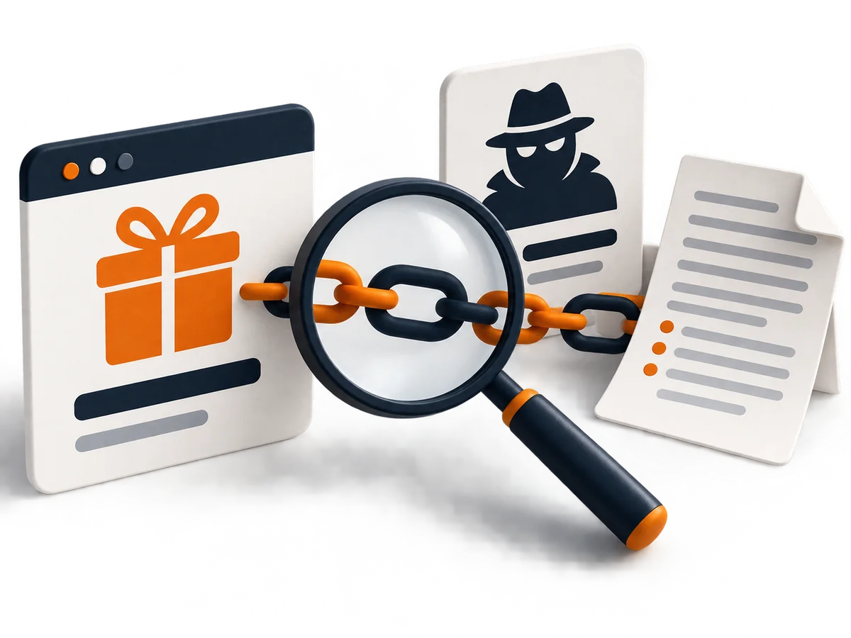 A magnifying glass examines the links between an offer card, seller card and terms document.