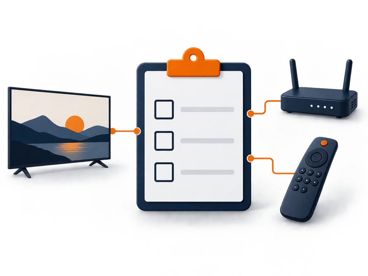 A blank trial checklist connects a television, router and remote for practical testing.
