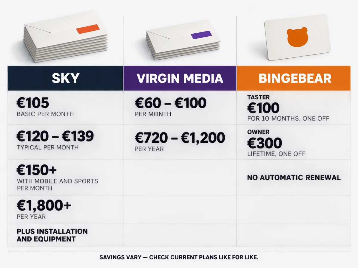 Recurring bill envelopes and a separate plan card are arranged for a careful cost comparison.