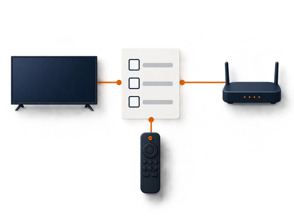 A blank checklist links a television, router and remote as practical player-selection criteria.