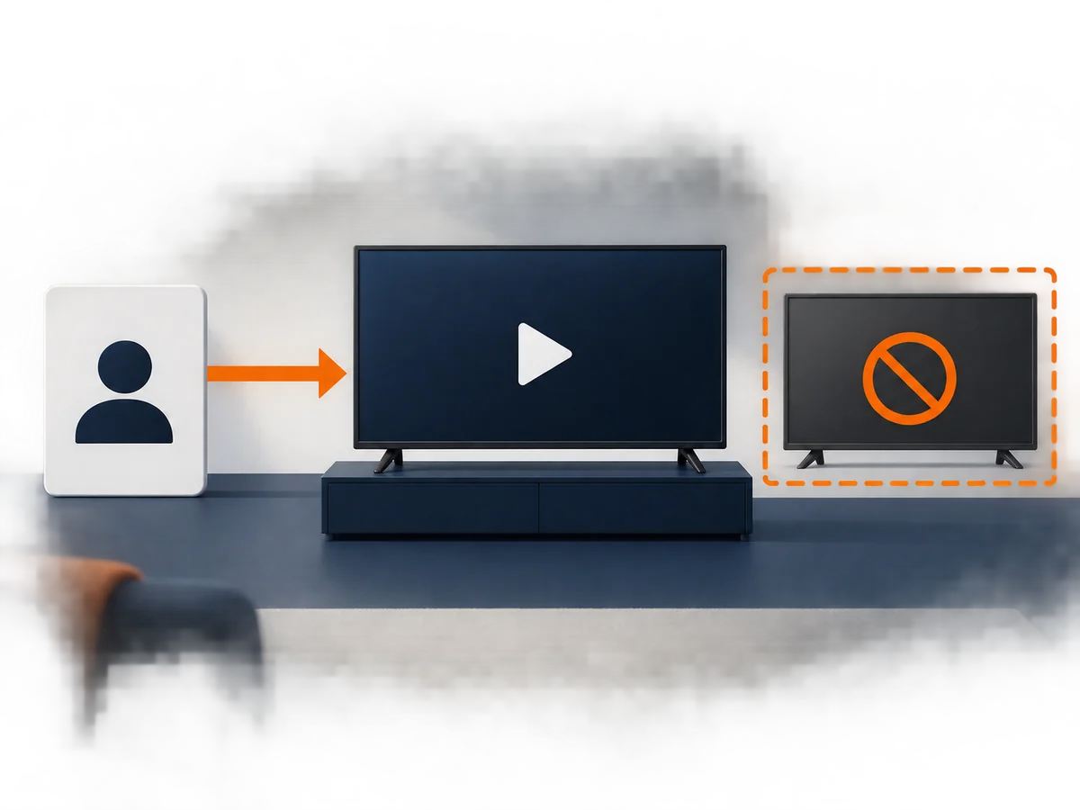 One account token points to one active television while a second screen sits disconnected behind an orange boundary.