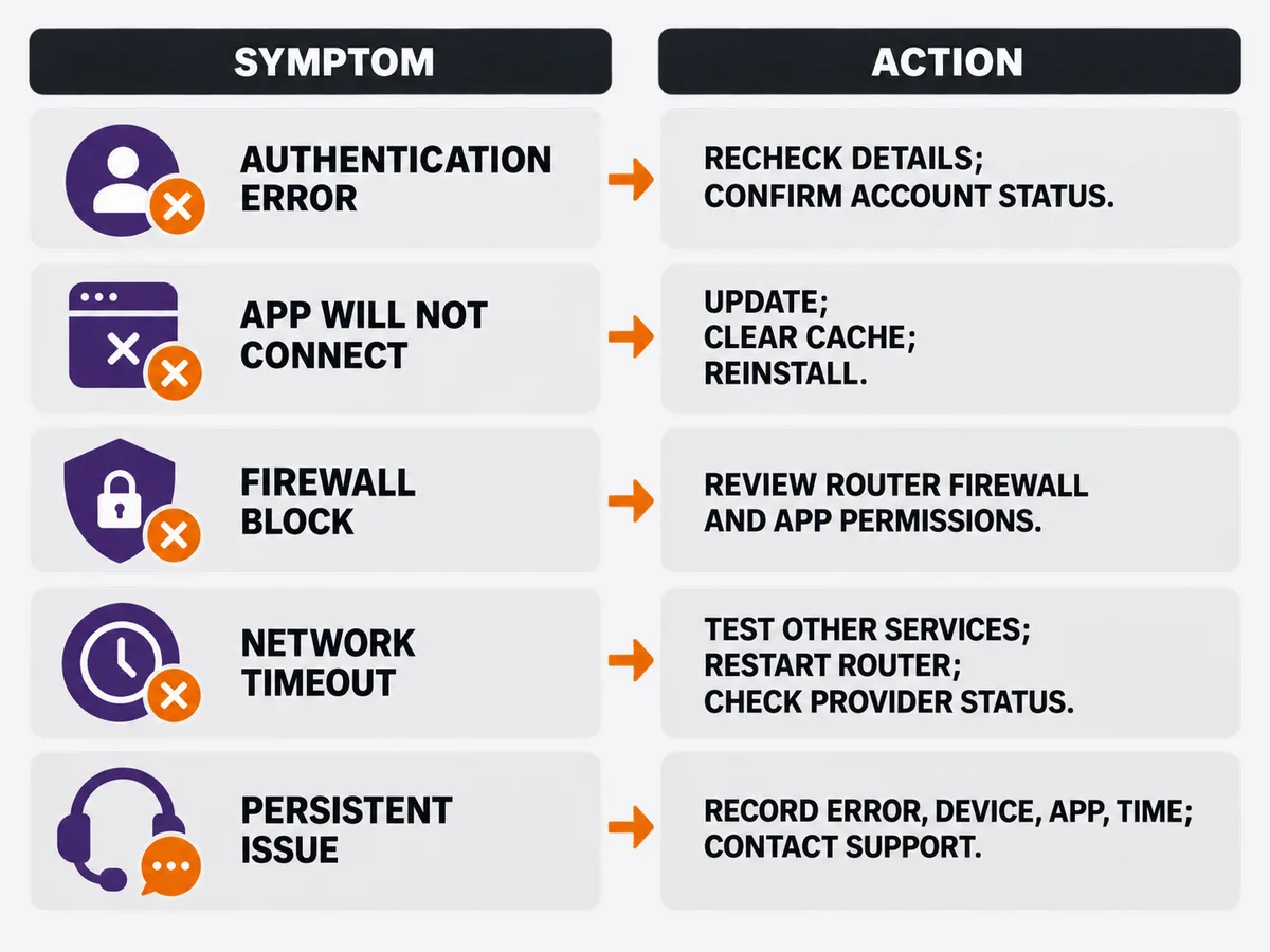 A branching diagnostic path separates device, network and account checks.