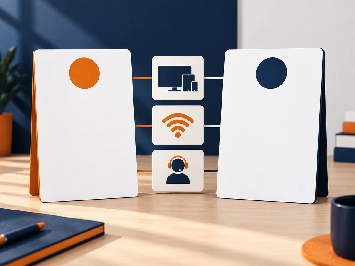 Two blank option cards share the same device, connection and support comparison markers.