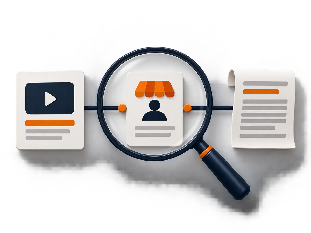 A magnifying glass examines the links between an offer card, seller card and terms document.