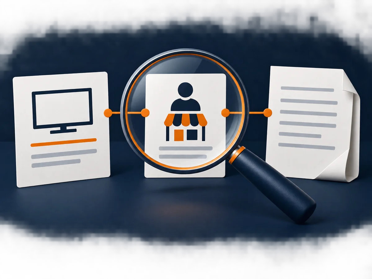 A magnifying glass examines the links between an offer card, seller card and terms document.