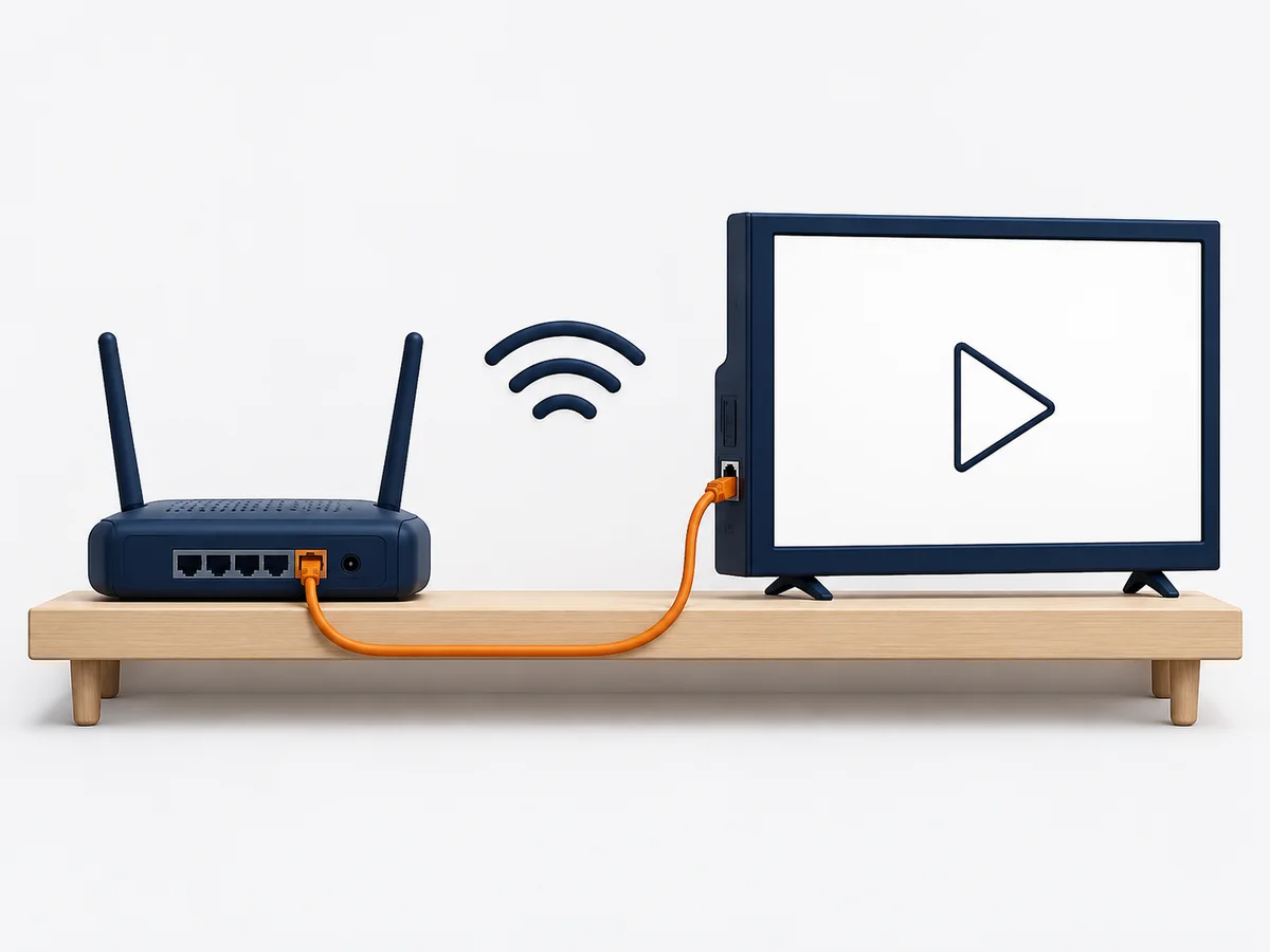 A router and television with a Wi-Fi symbol and an Ethernet cable showing connection options to compare.