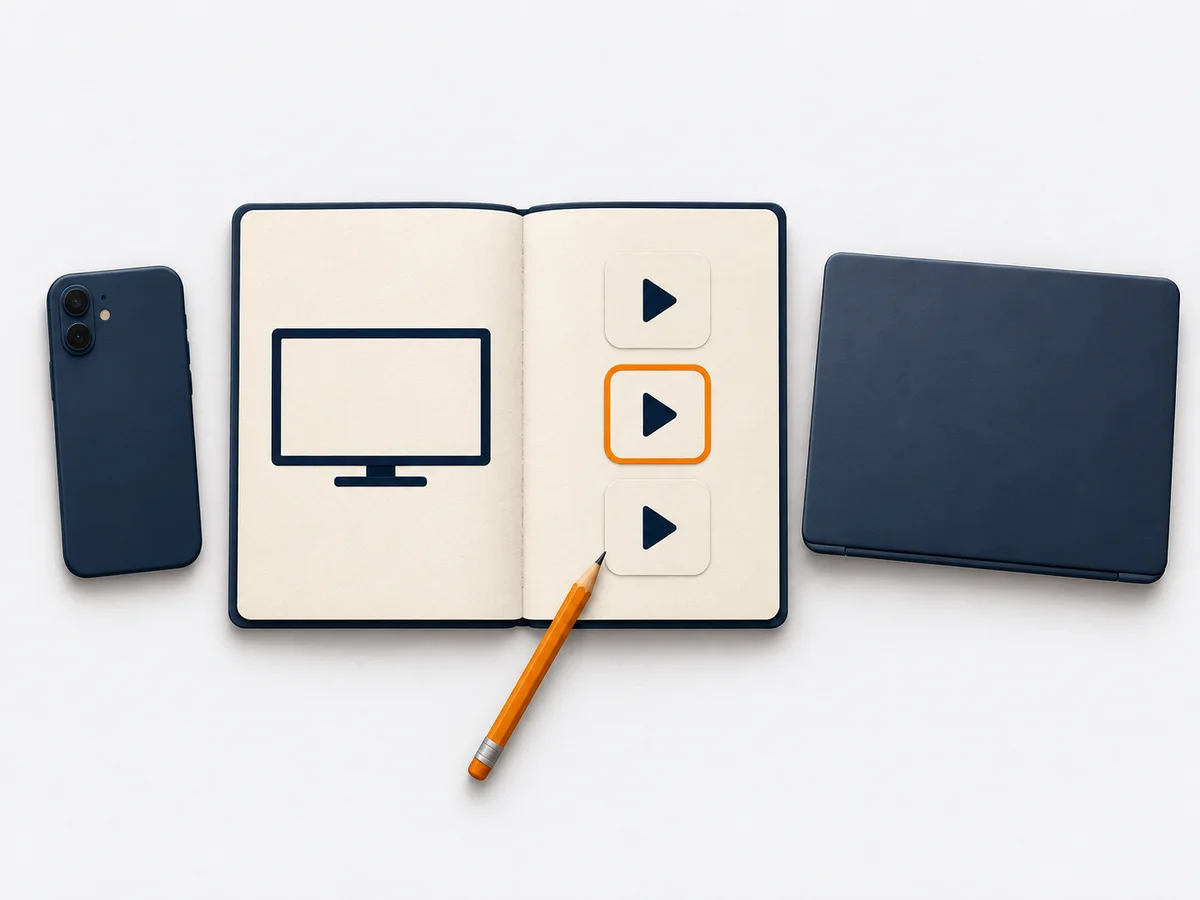 An open device guide with conceptual player choices beside a face-down phone and a closed laptop.