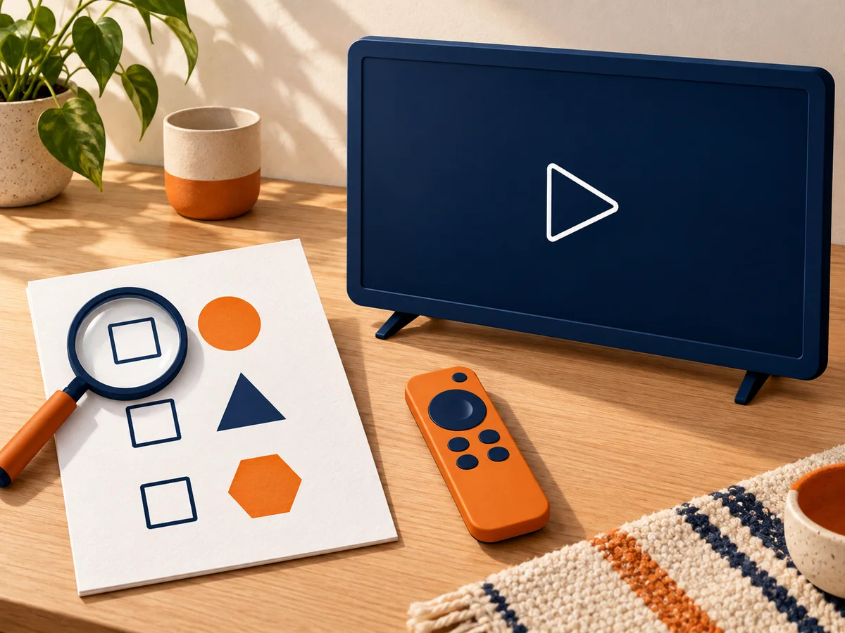 An unchecked viewing list and magnifying glass beside a television with a generic play symbol.