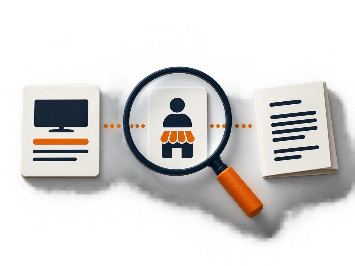 A magnifying glass examines the links between an offer card, seller card and terms document.