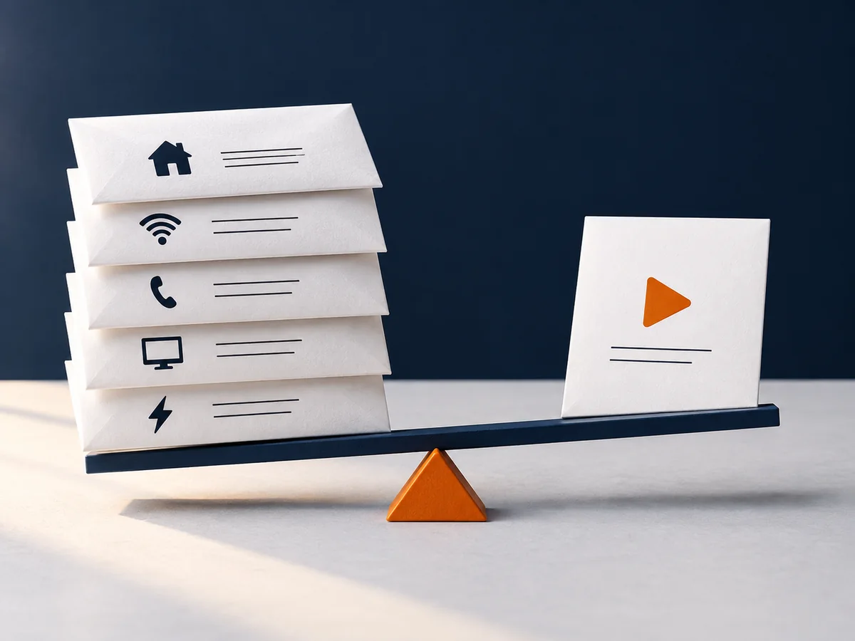 Recurring bill envelopes and a separate plan card are arranged for a careful cost comparison.