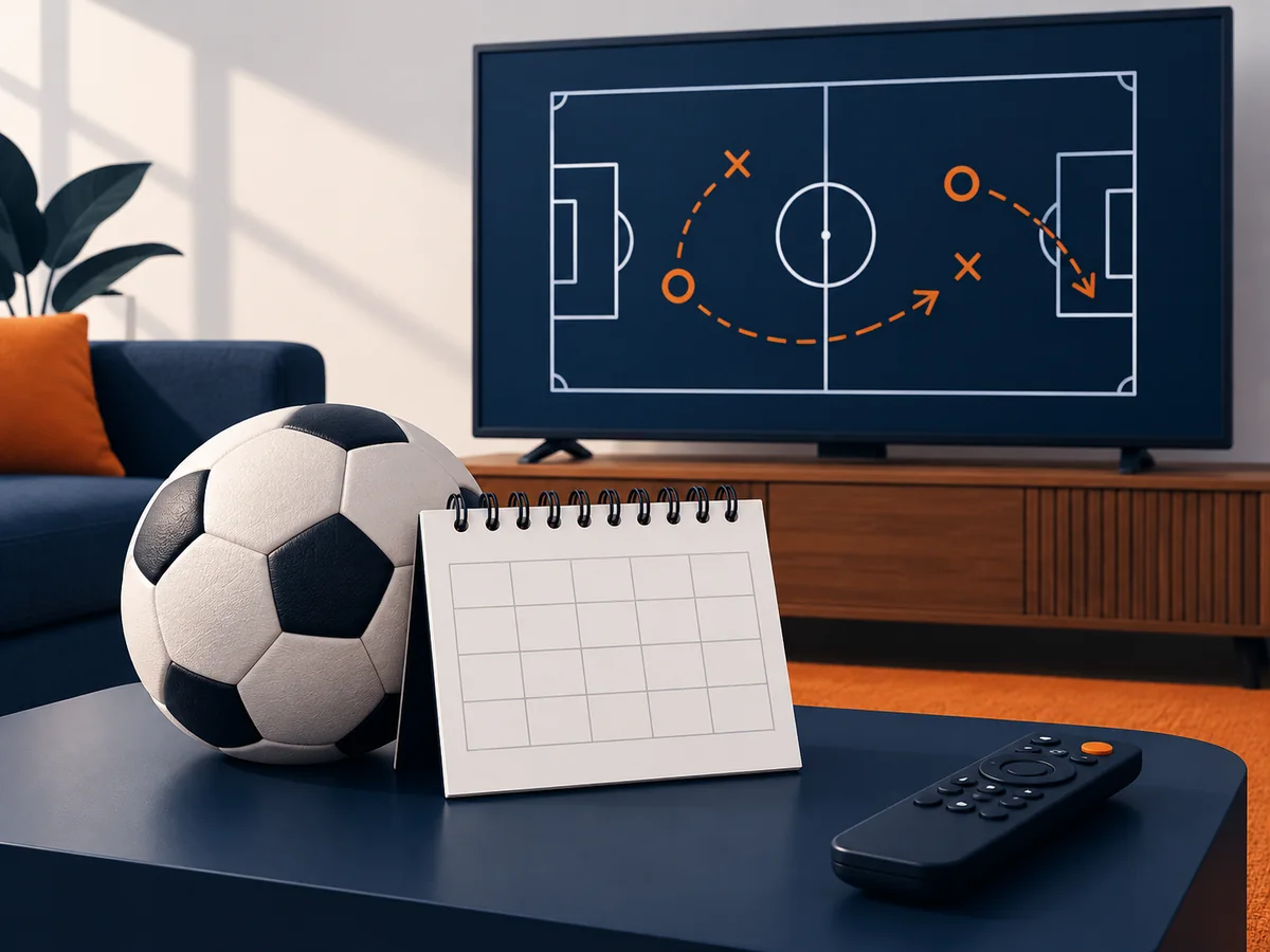 A neutral sports ball, schedule card and television illustrate pre-event viewing checks.