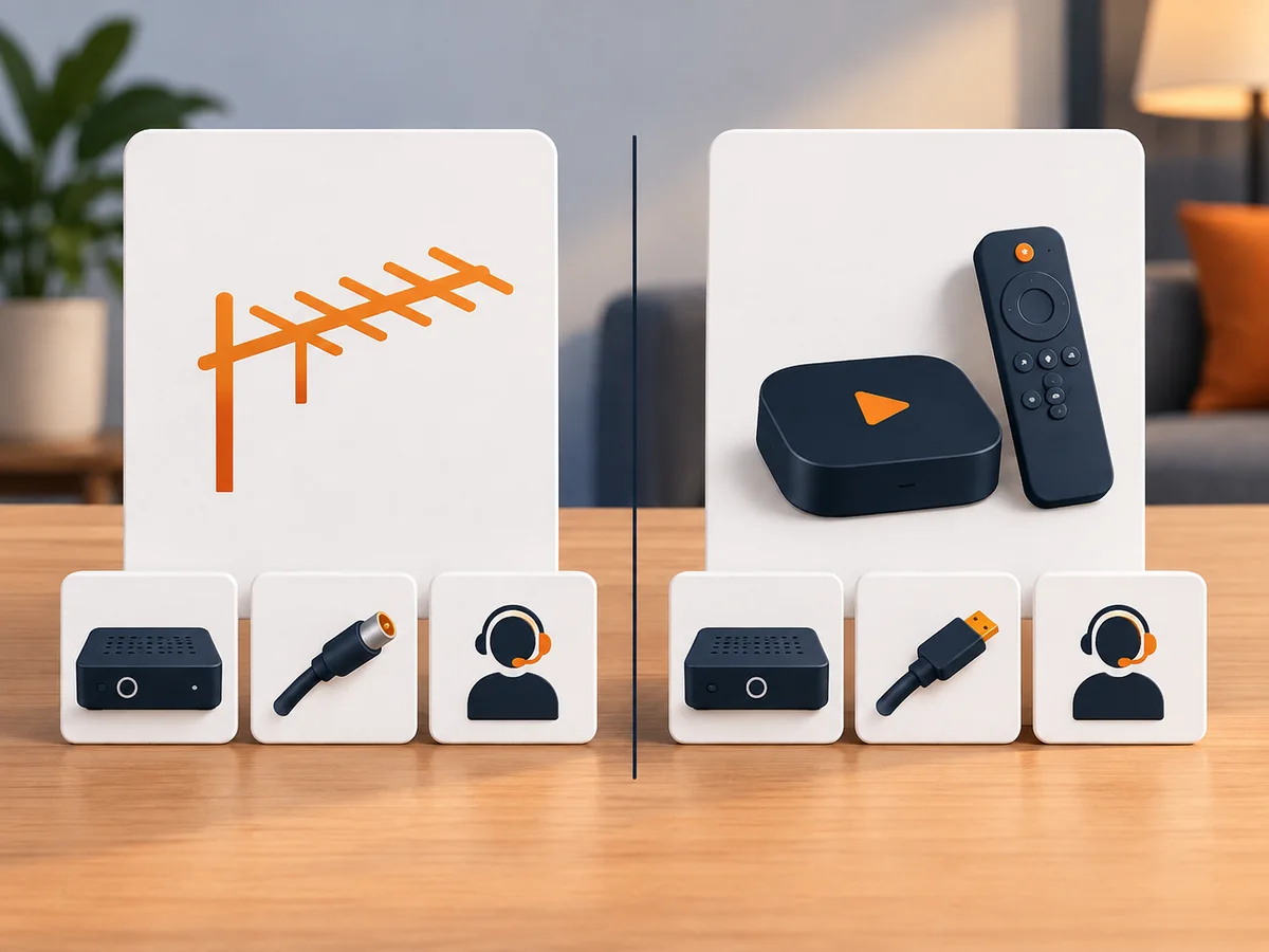 Two blank option cards share the same device, connection and support comparison markers.