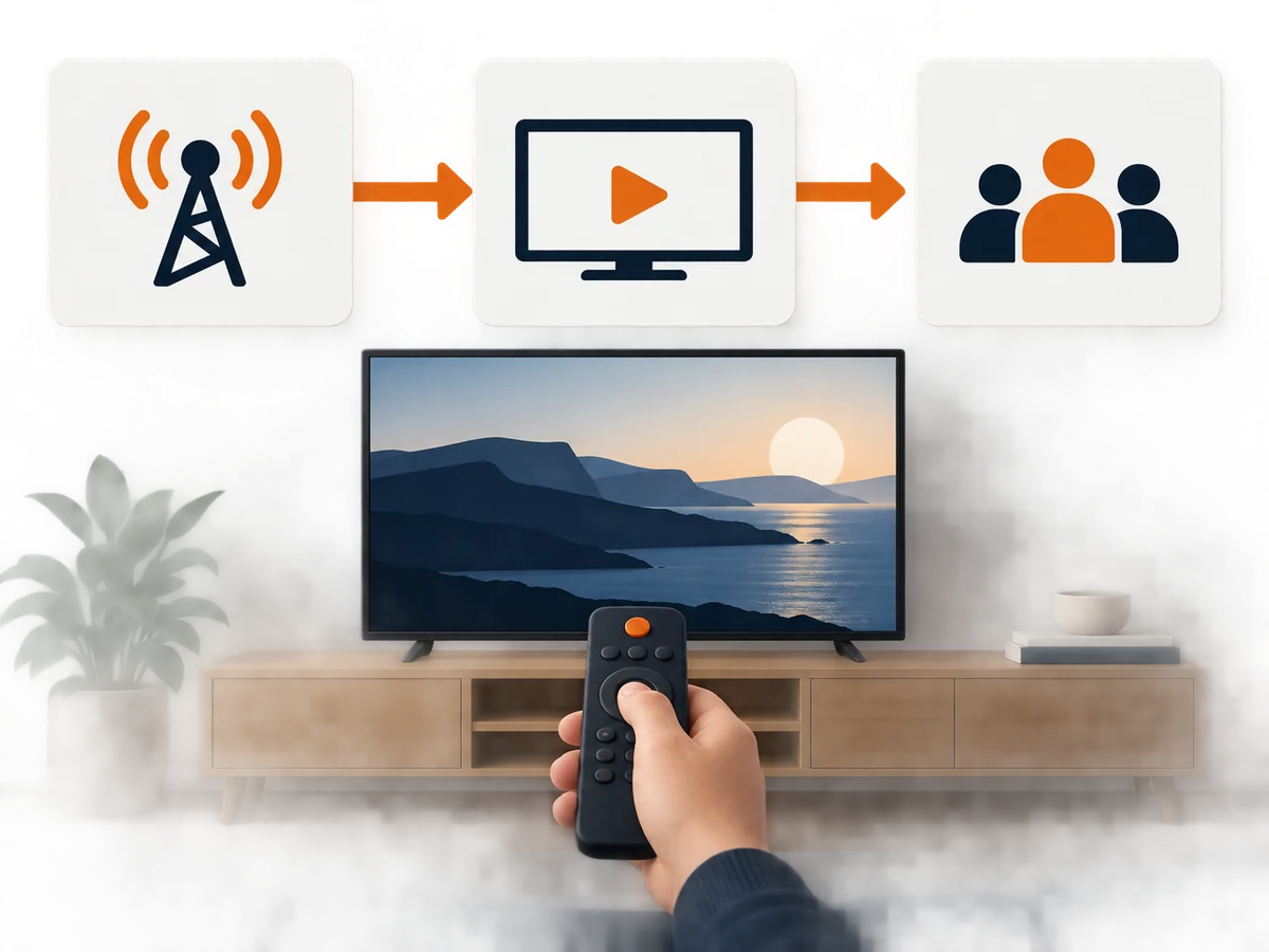 An aerial signal passes through a television toward household viewers in a simple broadcast path.