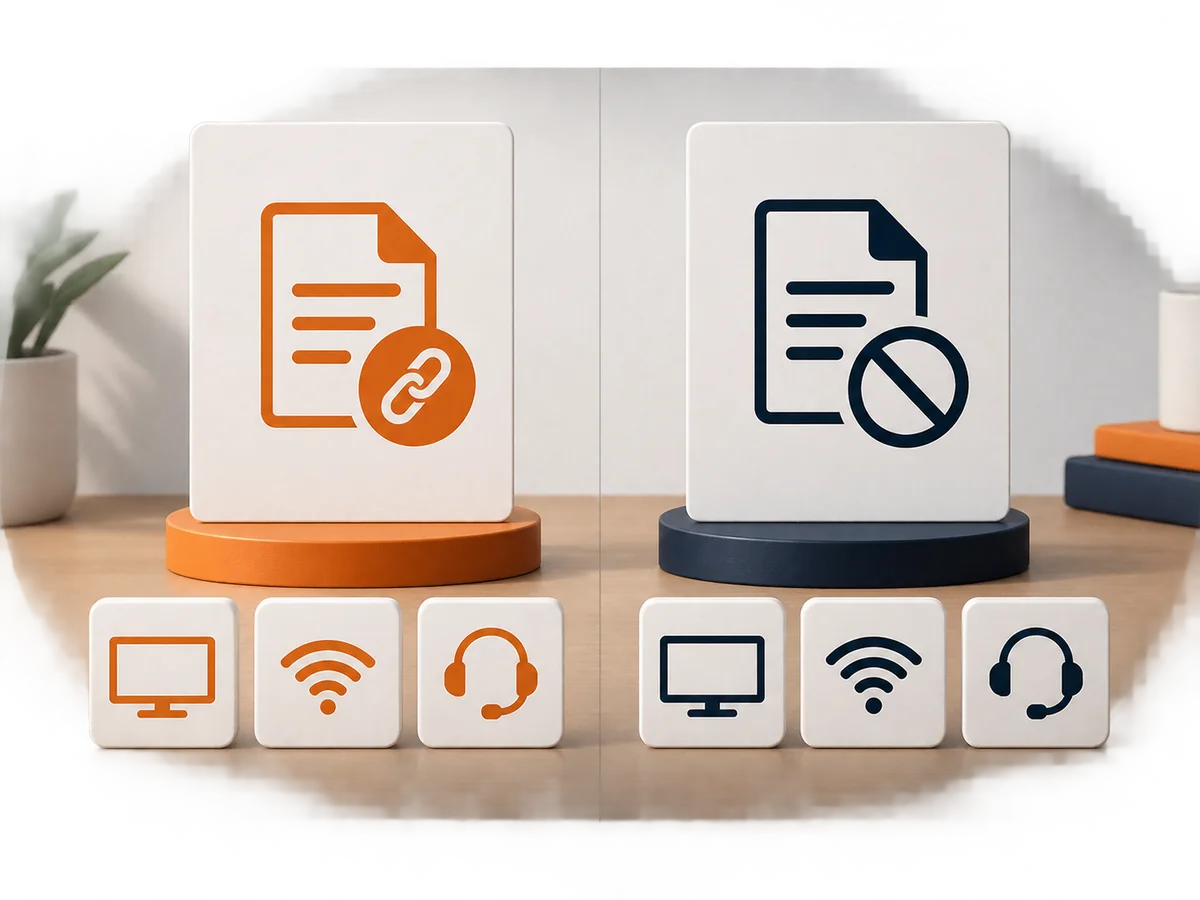 Two blank option cards share the same device, connection and support comparison markers.