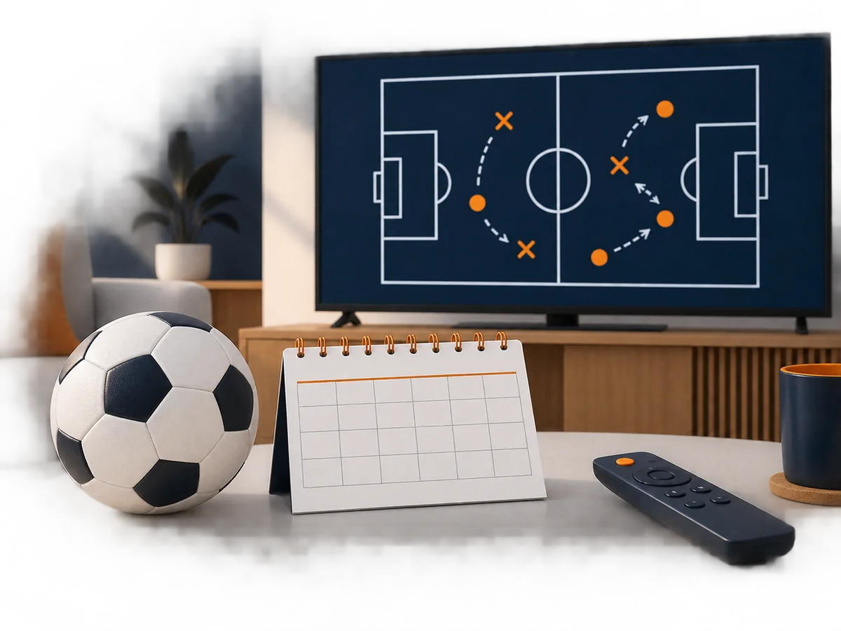 A neutral sports ball, schedule card and television illustrate pre-event viewing checks.