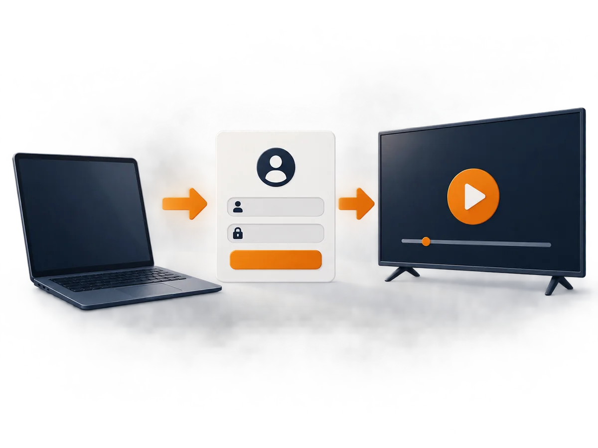 A device, separate login card and playback screen form a simple setup sequence.