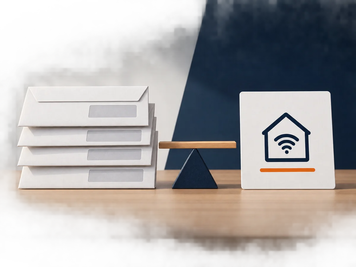 Recurring bill envelopes and a separate plan card are arranged for a careful cost comparison.